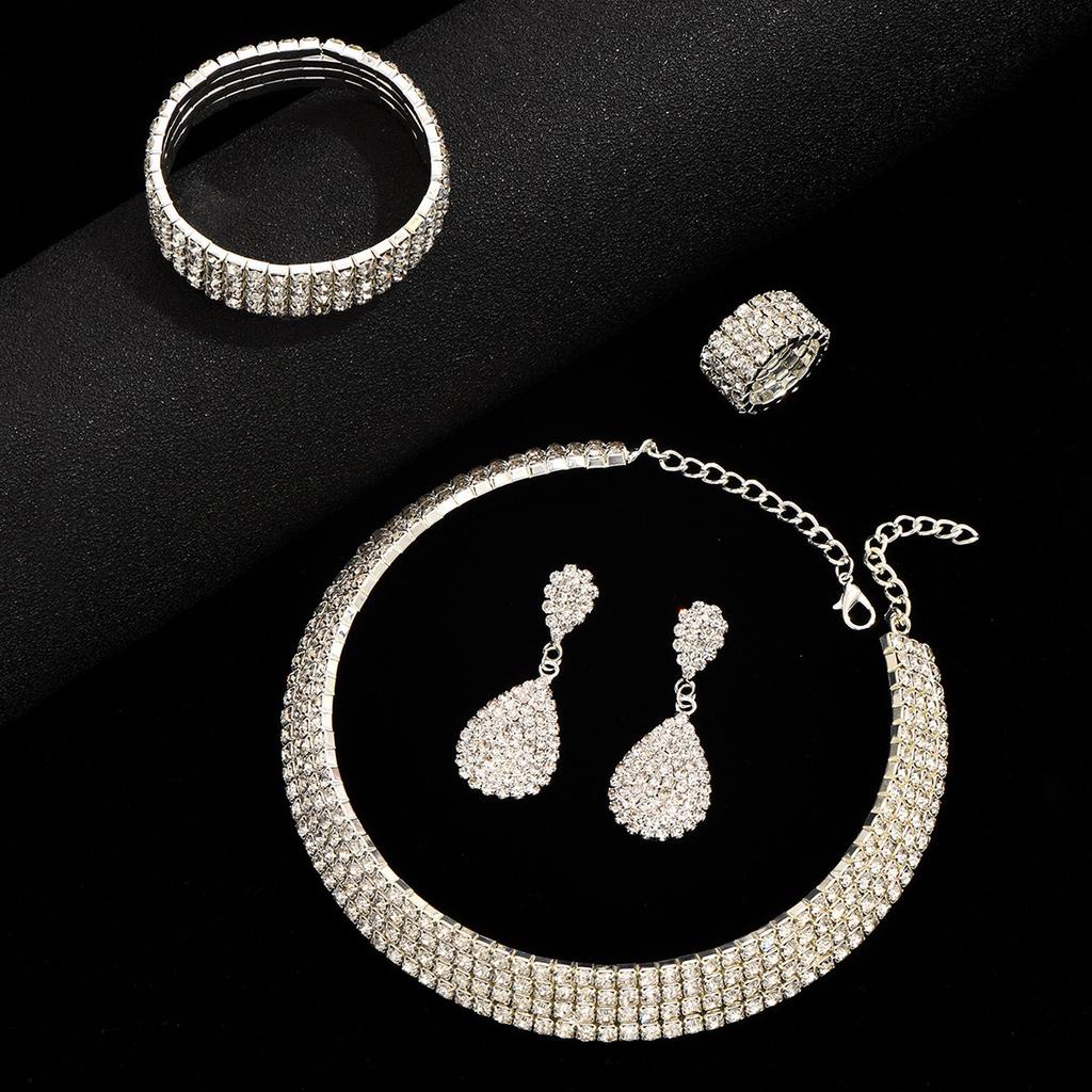 Bride's wedding dress - silver four-row necklace, earrings, elastic wristbands, elastic rings - a set of 4 items