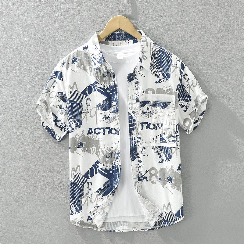 Summer Tokyo Trendy over Print Half Short sleeve Shirts Men's Clothing Hong Kong Style Youth Loose Casual Shirt Pure Cotton New