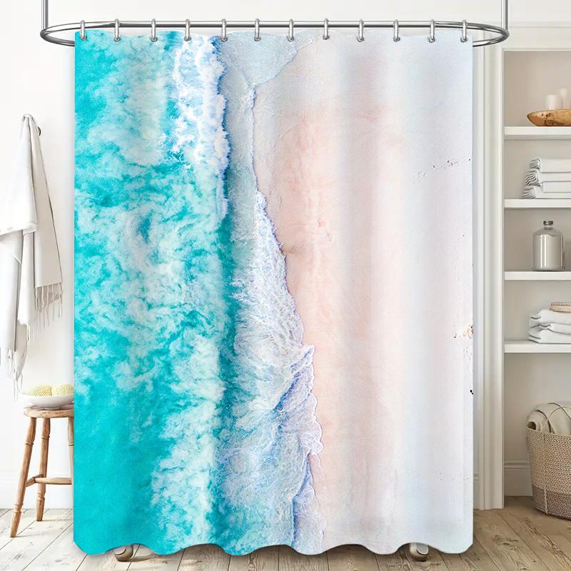 Beach Shower Curtain, Waterproof Printed Fabric For Bathroom Decor Turquoise Blue White Colors, 3D Printing Artistic Print Home