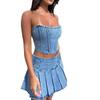 European and American Sexy Denim Navel Tube Top High Waist Skirt Sets Cowboy Strapless Skirt Set