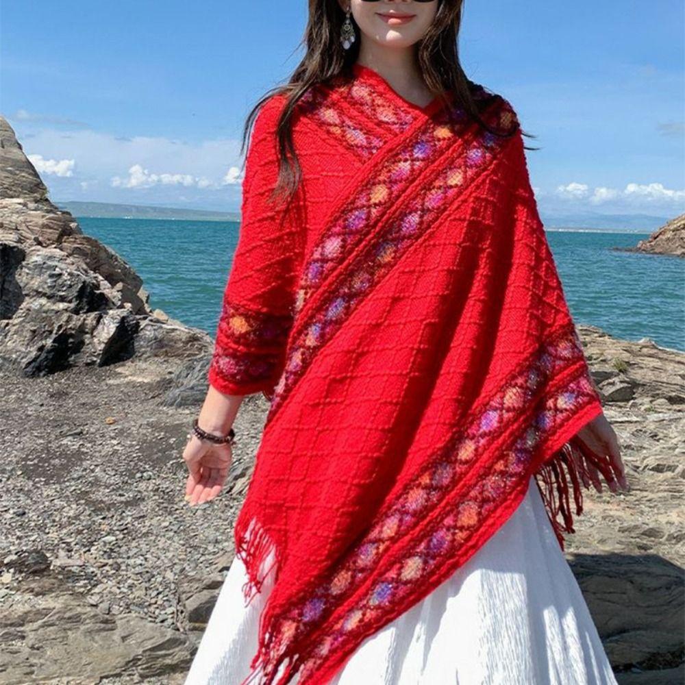 Printing Knitted Cape Stripe Tassel Scarves Retro Imitation Cashmere Shawl  Travel Vacation