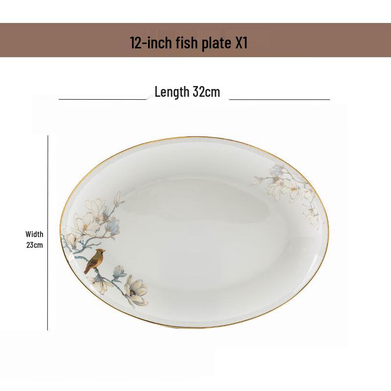 Jingdezhen Ceramic Fish Plate with Flowers & Birds Pattern 12-inch