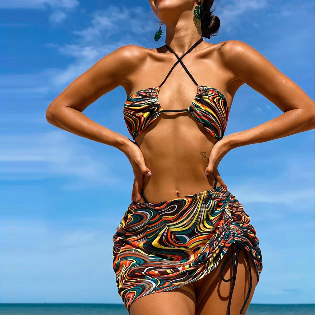 Women's Printed Bikini Set Three Piece Swimsuit Halter Neck Tie Top High Waist Bottom Beachwear Cover Up Skirt