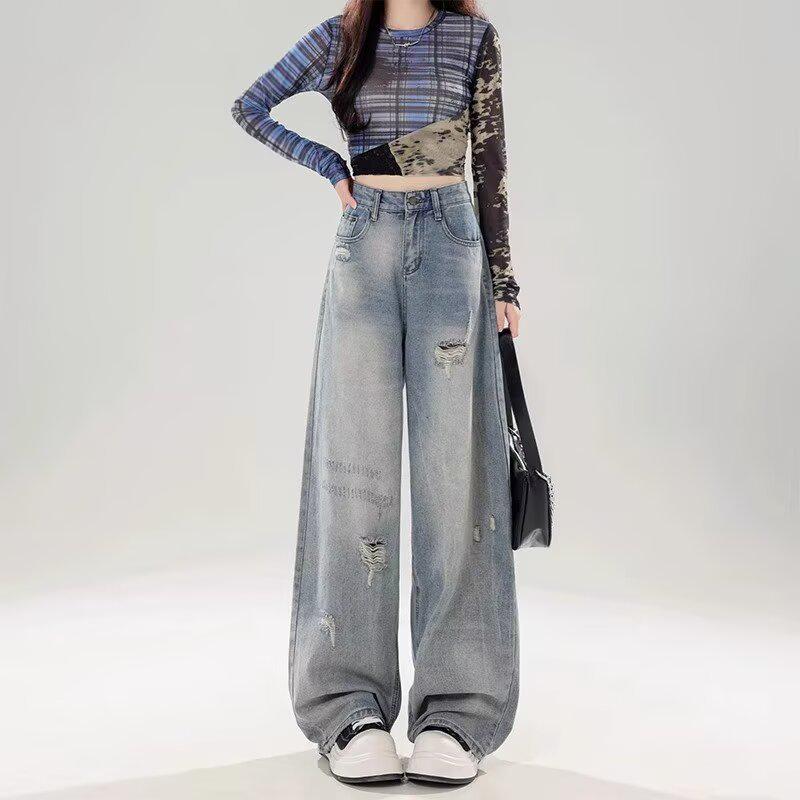 

Женские джинсы с высокой талией в американском ретро-стиле с потертостями: Выстиранный, Рваный, Потертый, Приталенный, Прямой крой, В пол, Осенний стиль 2XL синий