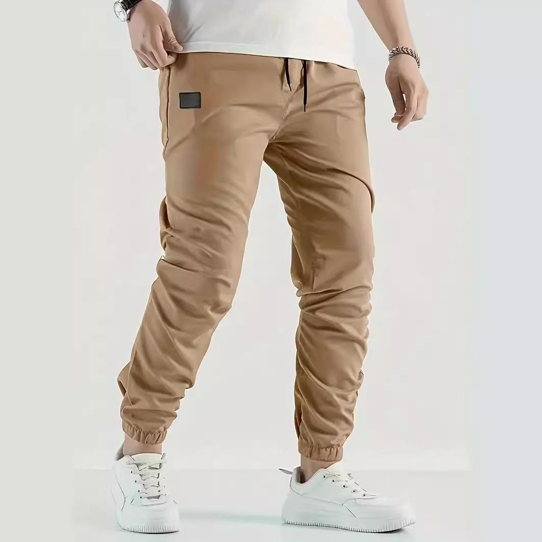 

Four Seasons New Slim Casual Trousers Simple Leisure Pure Colour Spell Leather Trousers Micro Elastic Youth Popular Trousers S хаки