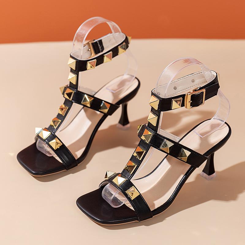 Fashion Square Toe Open Toe Stiletto Sandals Spring and Summer New Sexy Big Rivet One Buckle Non-slip Wear-resistant High Heels