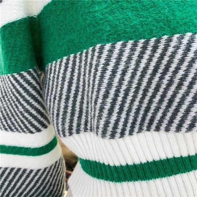 Autumn/Winter Women's Striped Sweater Round Neck Loose Color-block Pullover Sweater Short Sleeve Knitted Tops