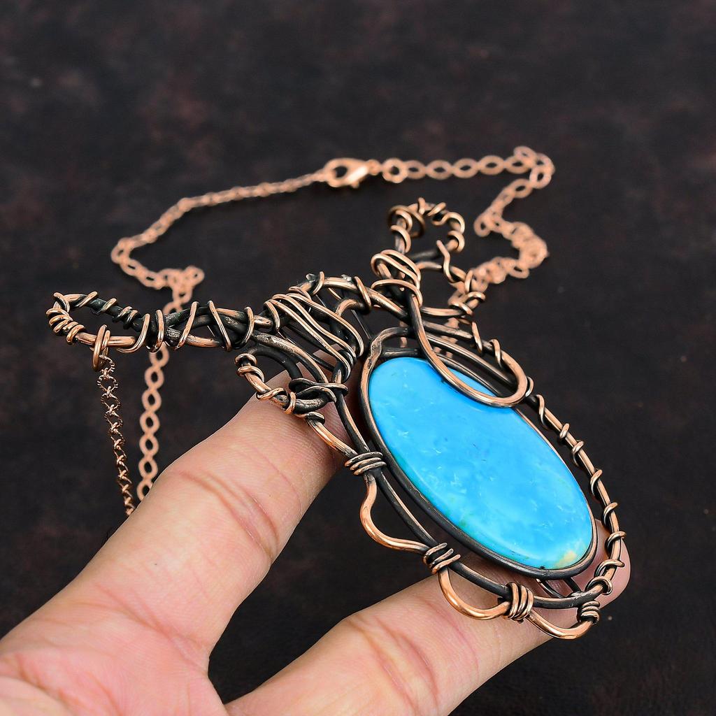 Arizona Turquoise Necklace Copper Wire Wrapped Gemstone Necklace Copper Handmade Jewelry Adjustable Chain Necklace Antique Wire Wrap Jewelry