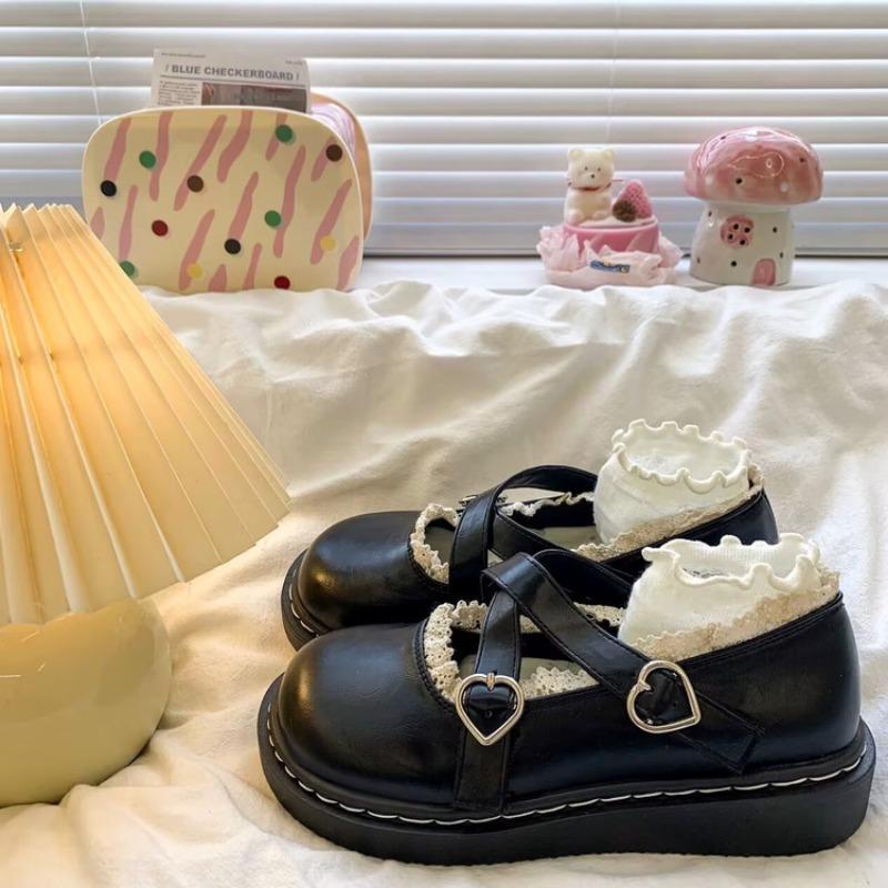 College Style Platform Women's Spring New Cross Love Buckle Single Shoes Student Round Head Small Leather Shoes