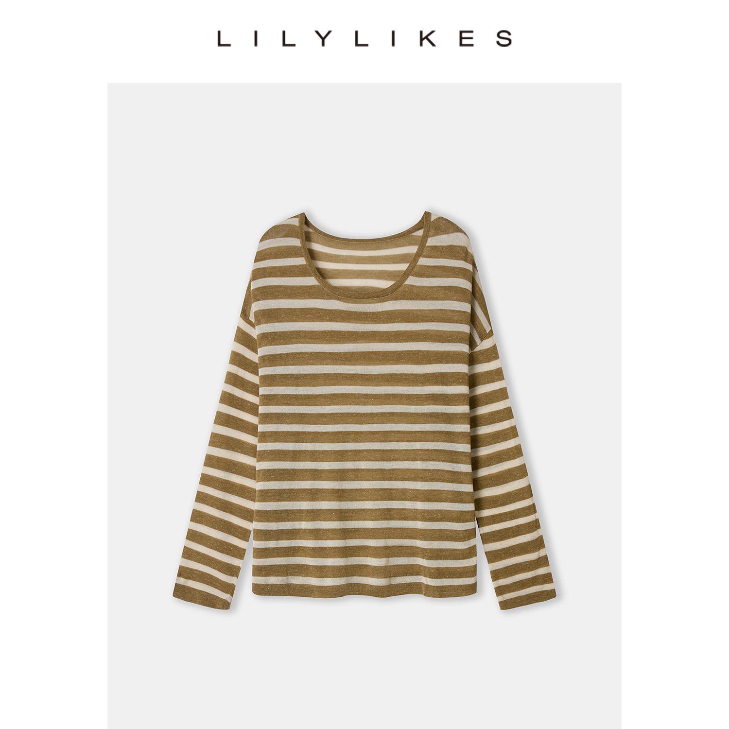 Lilylikes  Light Oxygen Striped T  - Tencel Linen Long-Sleeved Breathable Top Small