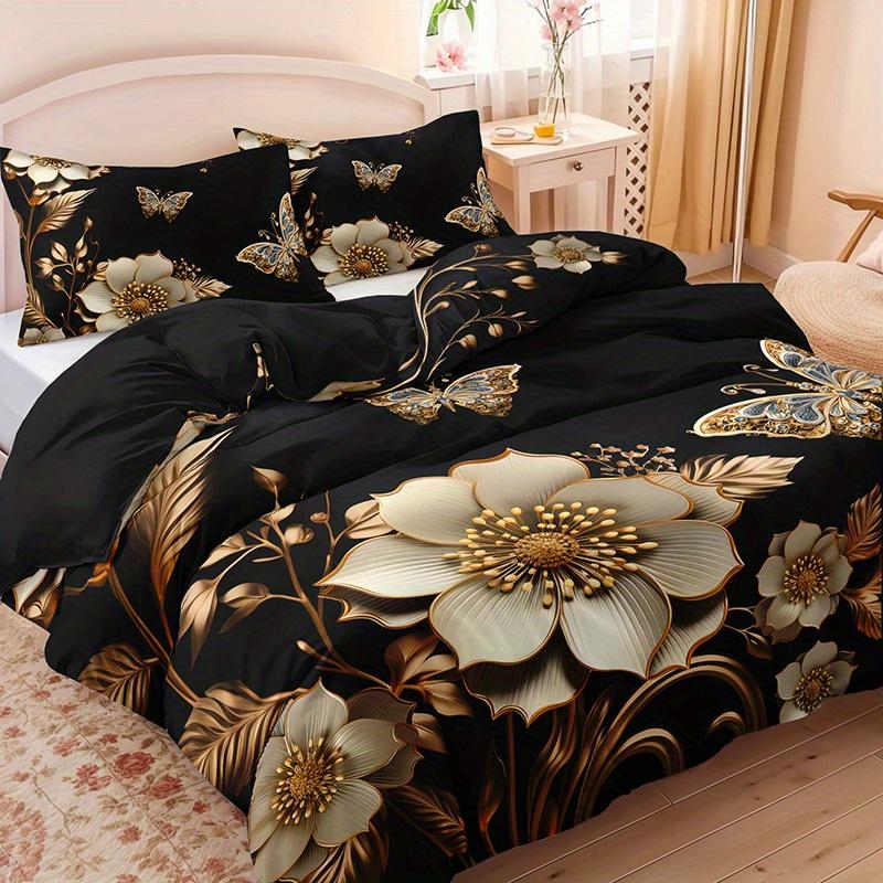 3pcs Luxury Golden Butterfly Floral Bedding Duvet Cover Set Black Golden Bedding Quilt Set Elegant Butterfly Themed Bed