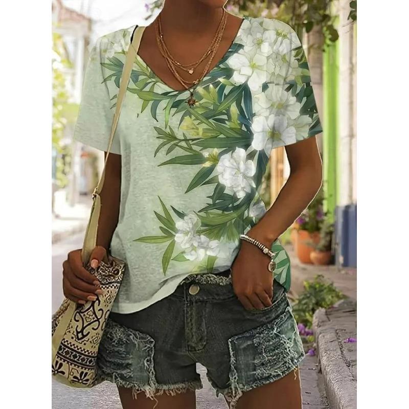Summer women's printed floral plant pattern short-sleeved T-shirt, regular top, daily printed spring clothing T-shirt