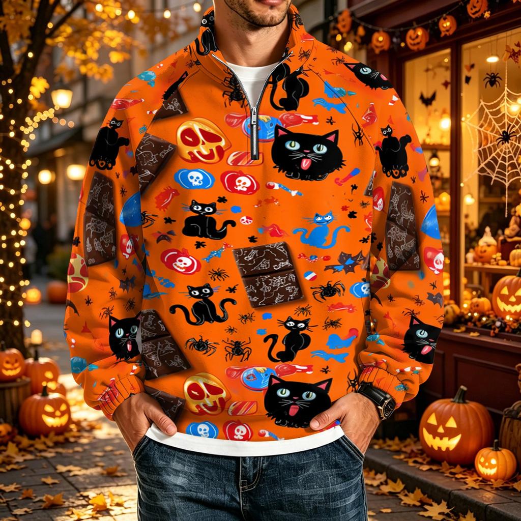Men's Casual Stand Collar Raglan Sleeve Sweatshirt with Halloween Print