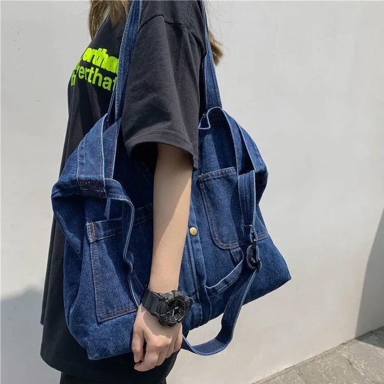 

WTEMPO женская джинсовая холщовая сумка на одно плечо, женская сумка большой вместимости с карманами, винтажная универсальная сумка-тоут 48*10*35cm