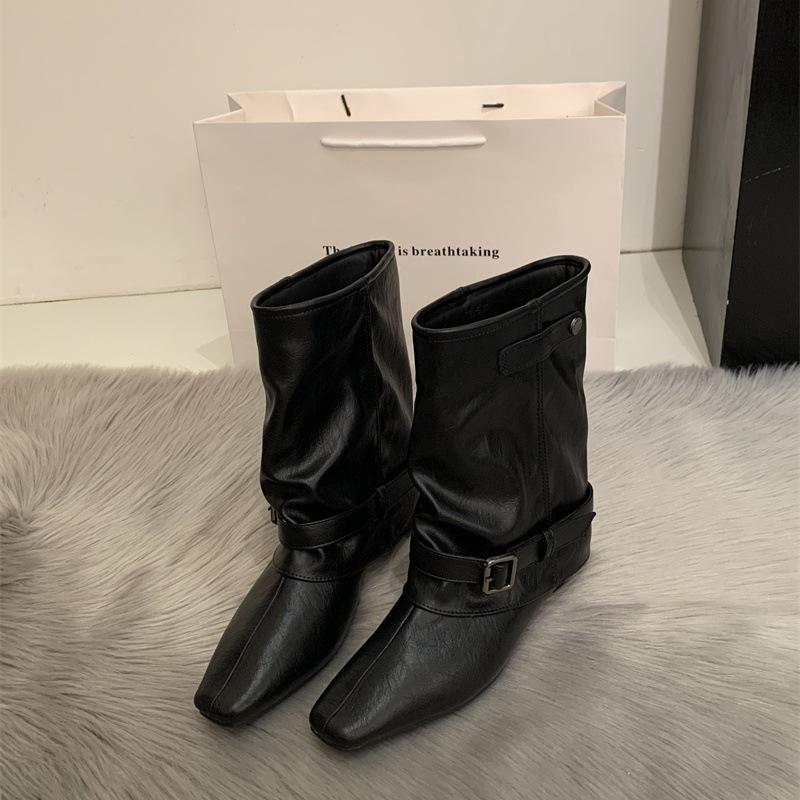 Vintage Suede Khaki Short Boots Women's Boots French Boots Autumn Niche Design Western Pile Boots Knight Boots