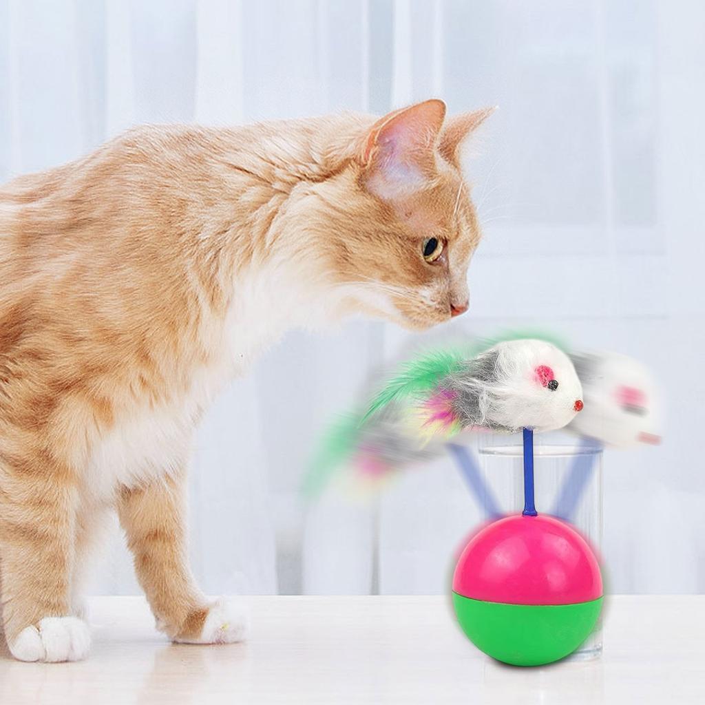 Cat Mouse Teaser Toy, Furry Tumbler Mouse Cat Toy Interactive Cat Stick, Cat Anti-Boring Feather Mouse Toy Interactive For Indoor