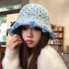 Handwoven blue flower bucket hat women's autumn and winter sweet versatile atmosphere knitted hat warm wool hat