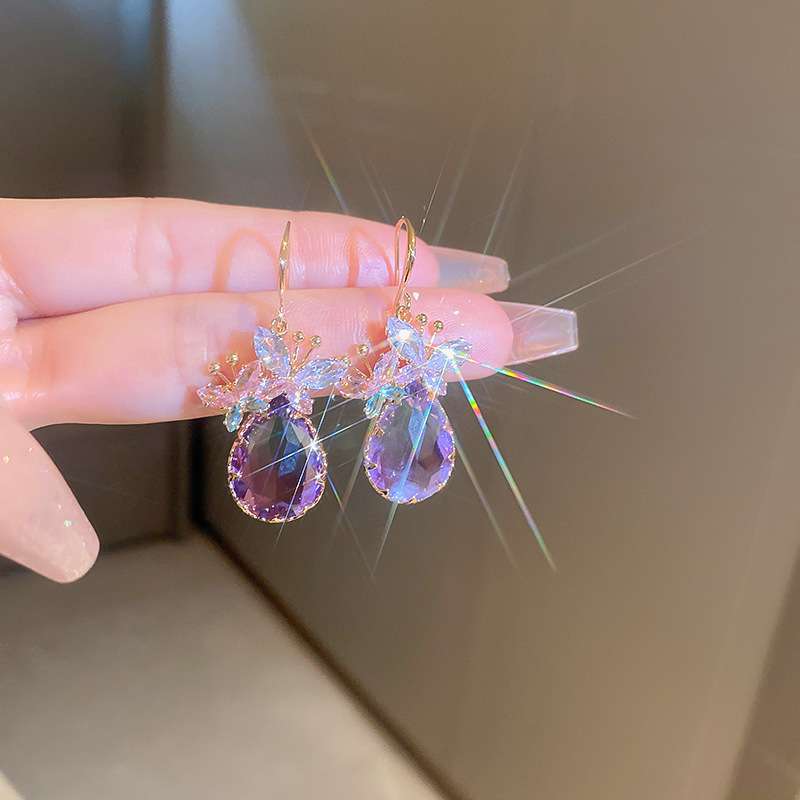 Zircon Flower Water Drop Pendant, Ear Hook, Retro Court Style Earrings, Women's Light Luxury High-end Earrings, Design Sense Niche