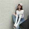 Women's Spring Black Slim-Fit Long-Sleeve Clavicle Top