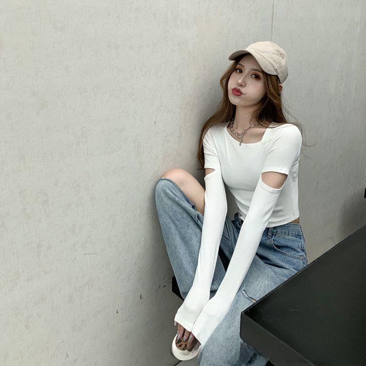 Women's Spring Black Slim-Fit Long-Sleeve Clavicle Top