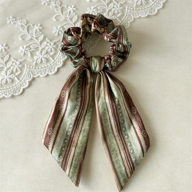 Striped Ribbon Scrunchies Long Tail Hair Tie Boho Style Women Hair Accessory for Casual Weekend Look