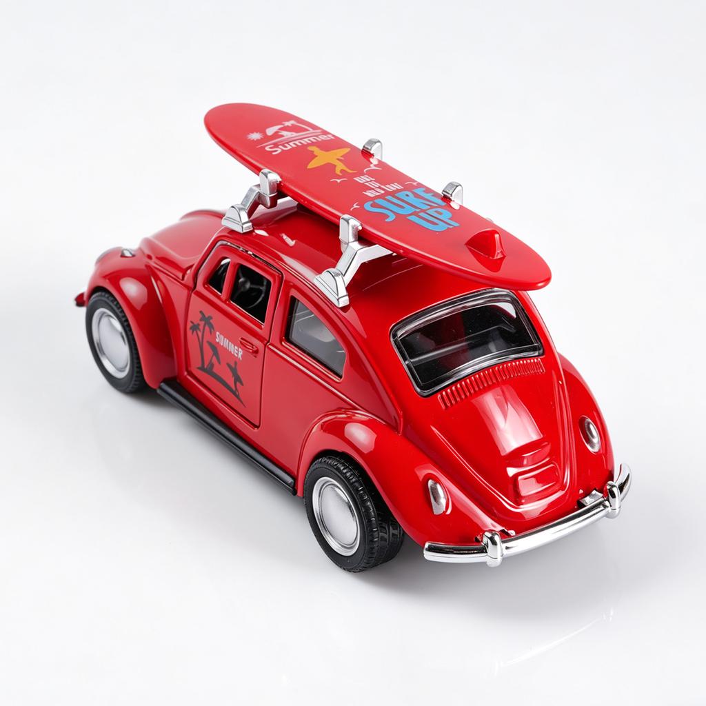 1:36 Červený Volkswagen Brouk Kovový Model s Surfovým Prknem, Slitina Model na Zatáhnutí s Otevíracími Dveřmi, Retro Letní Plážová Hračka pro Děti