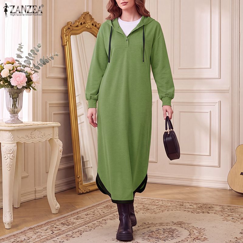 ZANZEA Herbst Damen Langarm Freizeit Dünn Mit Kapuze Pullover Langes Kleid