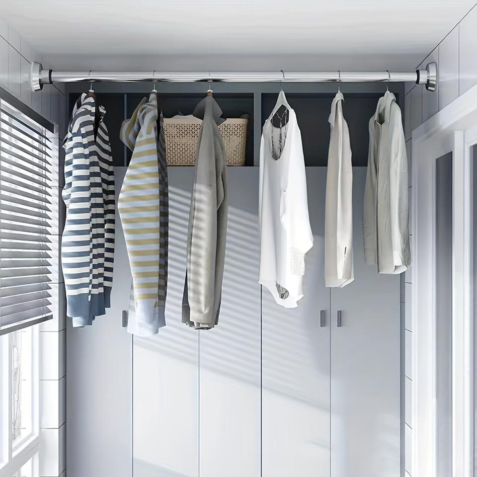 1pc Non-Perforated Telescopic Stainless Steel Rod - Universal for Bathroom Shower Curtain, Balcony Drying, Wardrobe & Bedroom Curtain Hanging