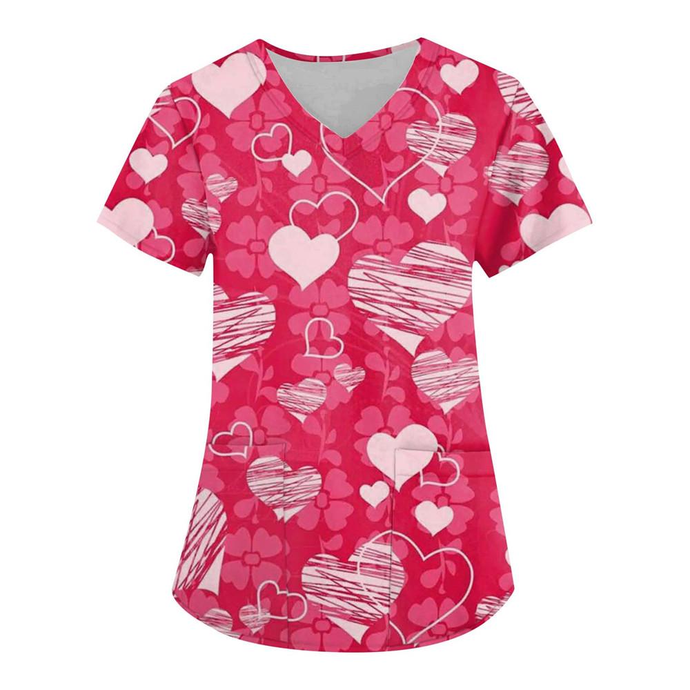 Nurse Uniform Love Heart Print Pocket V-Neck Nursing Scrubs Tops Workwear Women's T-shirts