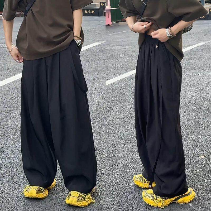 

Summer Men High Waist Pleated Wide Leg Black Casual Pants M чорний