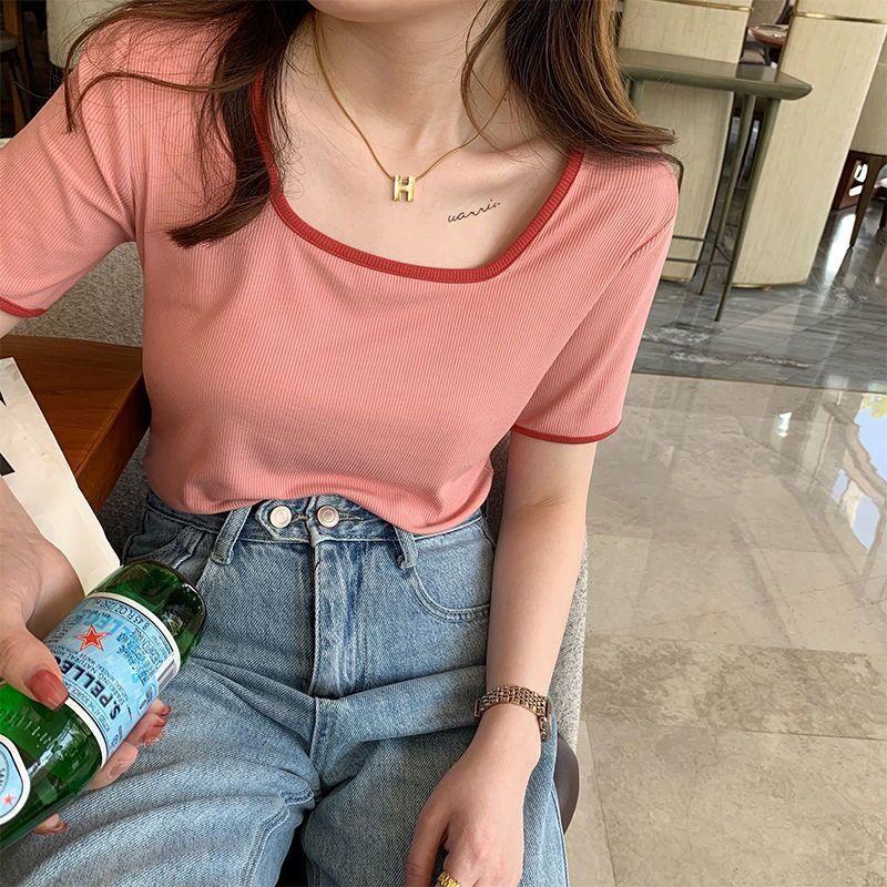 Dámské triko s krátkým rukávem velké yardy k odhalení límce s čtvercovým výstřihem tenké uvnitř s krátkým rukávem