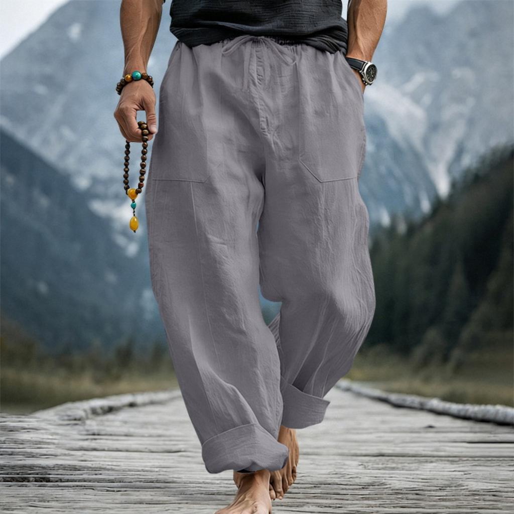 Men’s Loose Fit Linen Pants Breathable Sweat Absorbing Wide Leg Casual Trousers with Drawstring Waist Large Size for Daily Wear
