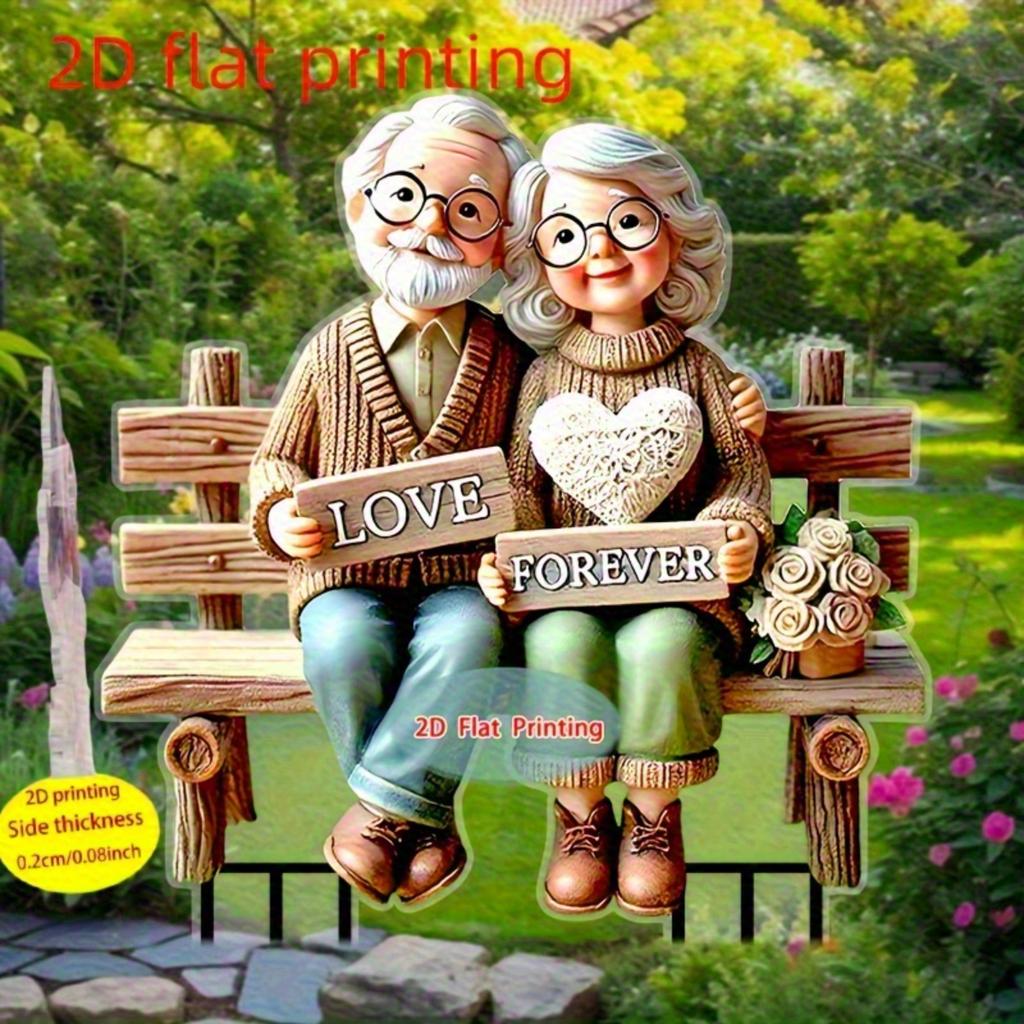 2D Romantic Grandparents on Bench Garden Stake Decor for Lawn Planter Patio, Ideal Festival & Elderly Gift, Perfect Garden Ornament