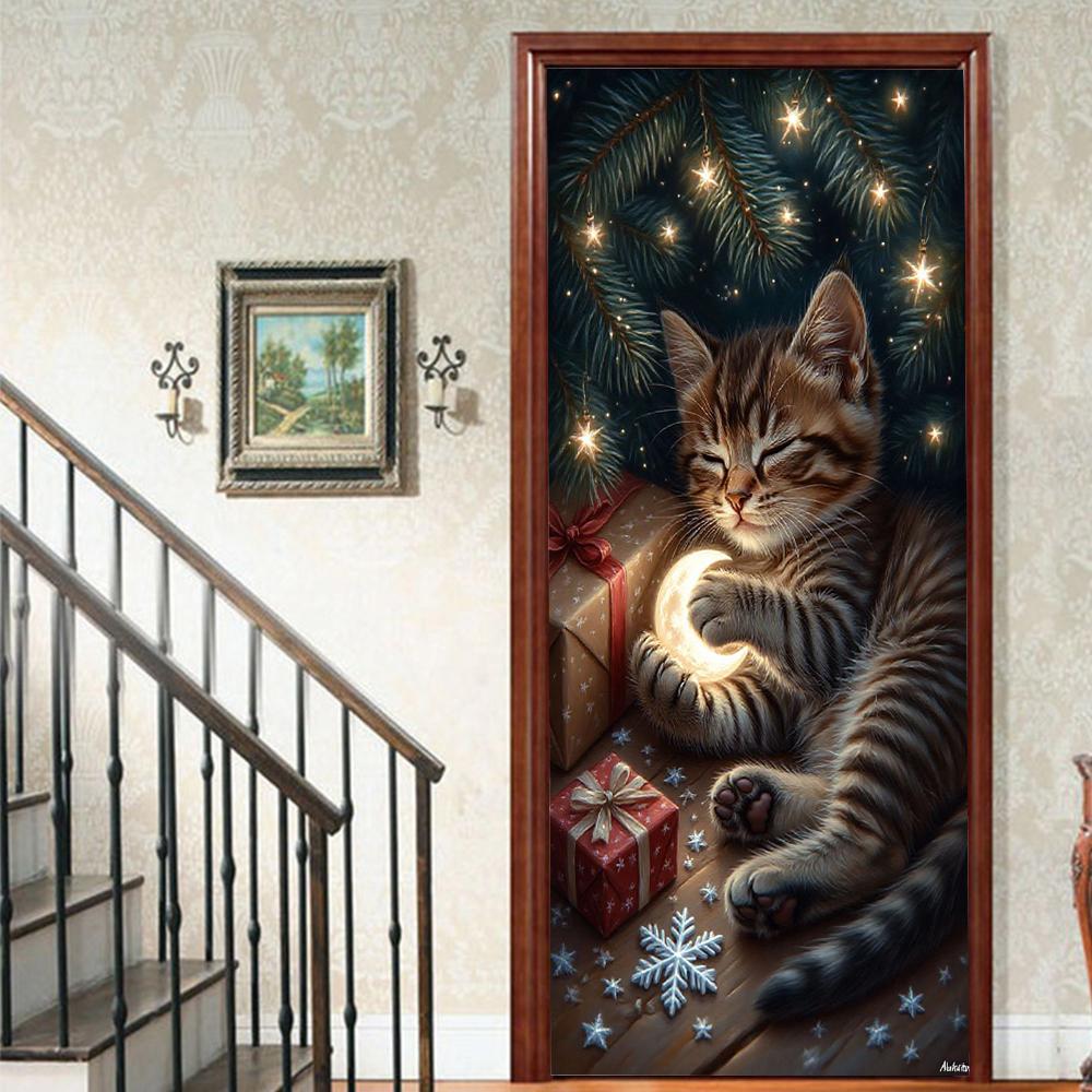 Christmas Santa Claus PVC Self-Adhesive Waterproof Door Sticker Modern Simulation Door Mural Wallpaper Living Room Study Home Decor Art Door Poster