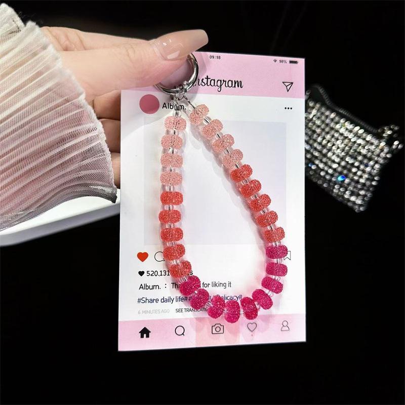 Cartoon Candy Color Mobile Phone Chain Lanyard Crystal Handmade Beaded Wrist Lift Keychain Bag Pendant Short