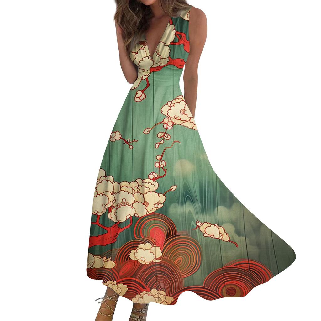 Women's Long Dress Maxi Dress Casual Dress Swing Dress A Line Dress  Fashion Streetwear Outdoor Date Print Sleeveless V Neck Dress
