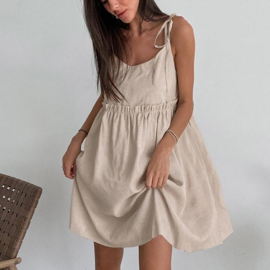 Sommer Leinenkleid Damen Elegant Spaghettiträger A-Linie Lockere Kleider Mode Raffiniert Schnürung Sexy Minikleider