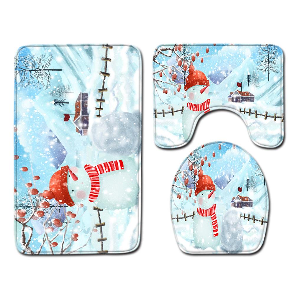 Christmas Toilet Seat Shower Curtain Four-Piece Printed Floor Mat Set Bathroom Floor Mat Bedroom Absorbent Door Mat Carpet