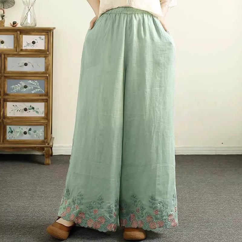 Pants Women Hemp Embroidery Casual Solid Color Loose Big Size Wide Leg Pants