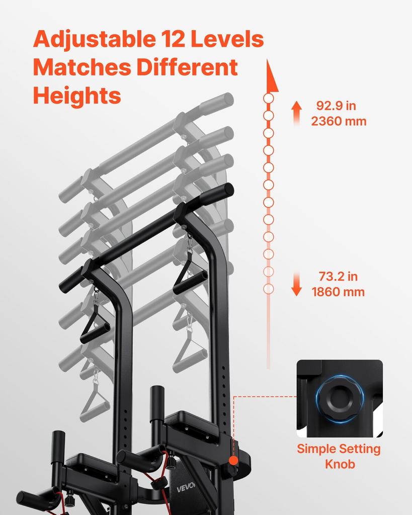 Pull Up Bar, 150kg Power Tower Dip Station, Workout Dip Station with H-Shaped Stable Base & Back Pad, Adjustable 12 Level Height Free Standing Chin Up