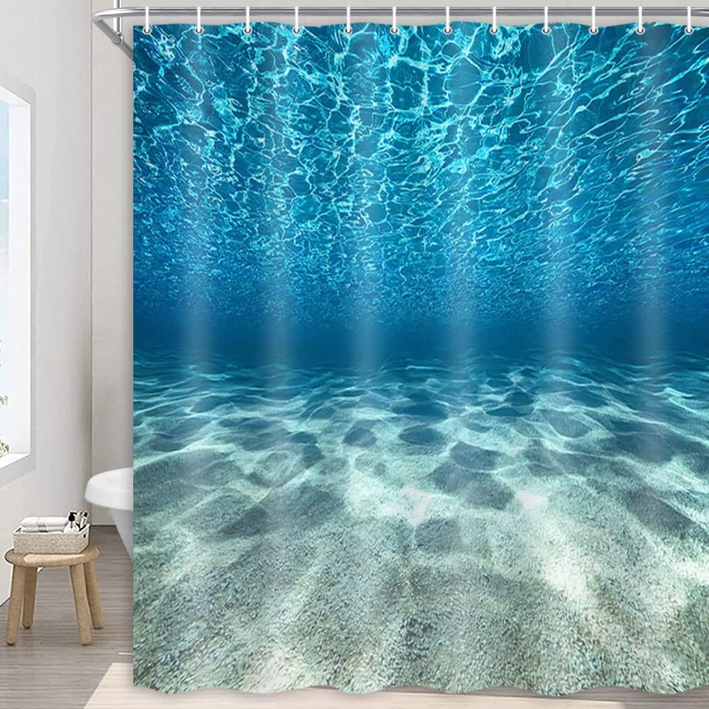 MERCHR Blue Ocean Beach Shower Curtain, Nature Underwater Sea World Scene Bathroom Curtains Waterproof Fabric, 71 x 71 Inches