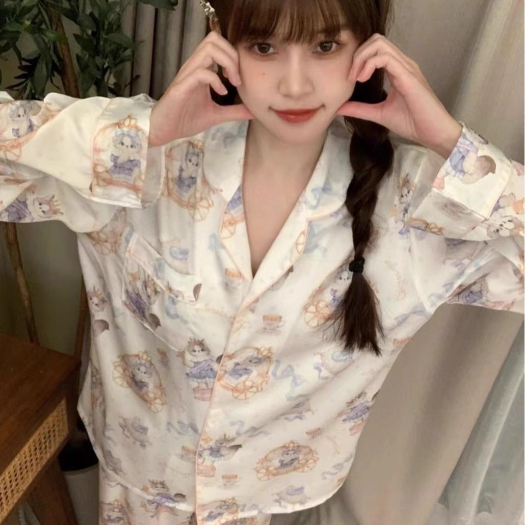 

Весна и лето Девочки Милый Котенок Печатный Лед Шелковый Длинный Рукав Пижама Женский Кардиган Брюки Домашняя Одежда Костюм XL бежевый