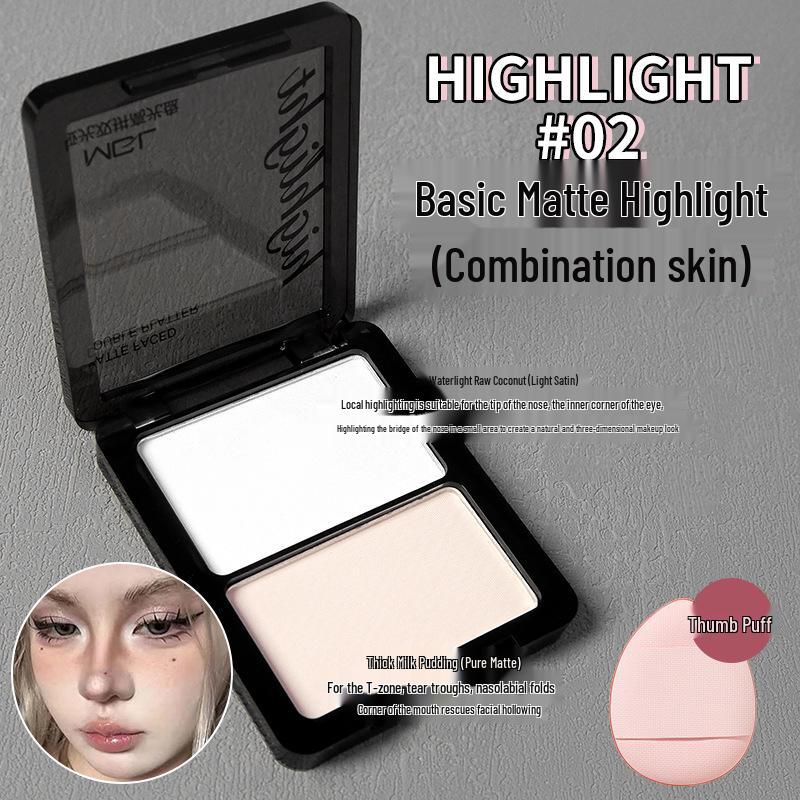 

Палетка матовых теней MGL в двух тонах: Пудра для сияния влажного/сухого нанесения, хайлайтер, контур и румяна в одном.