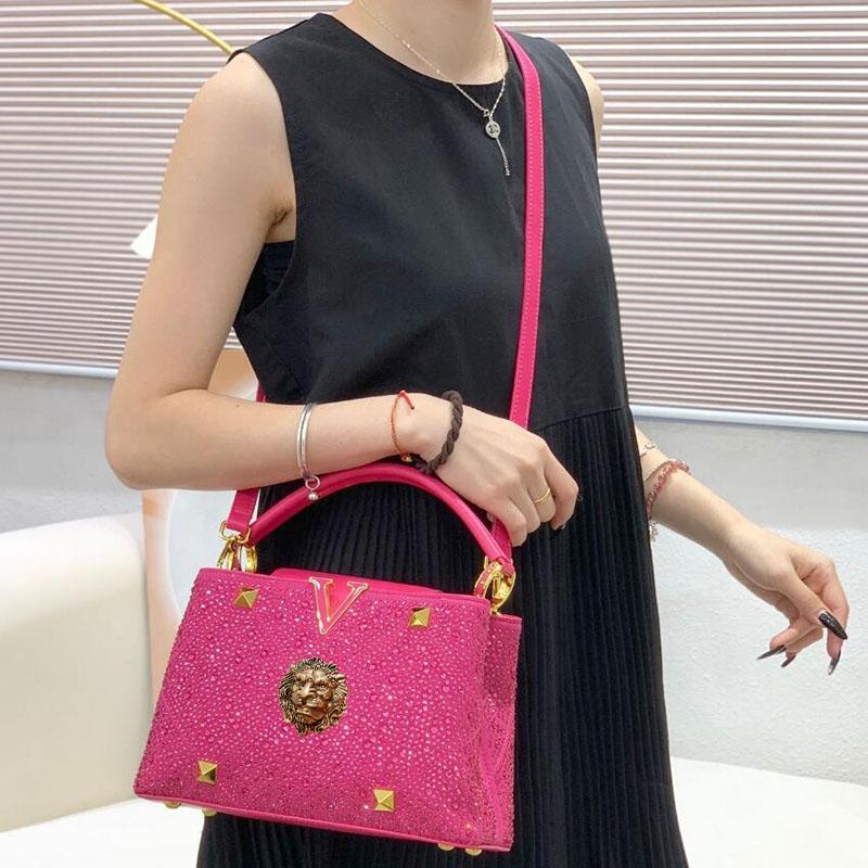 Fashion High-end Diamond Rose Red Women's Slippers Fish-mouthed Back Hollow Lion Cool Slippers Rhinestone Slippers Chain Bag Set B9