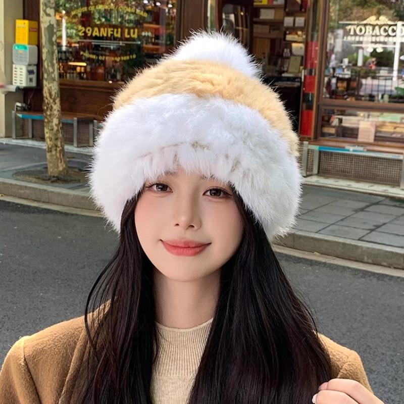 Rabbit Fur Hat Thickened Fluffy Hat Cold-proof and Warm Ear Protection Hat Plush Knitted Hat Headgear Bucket Hat Female