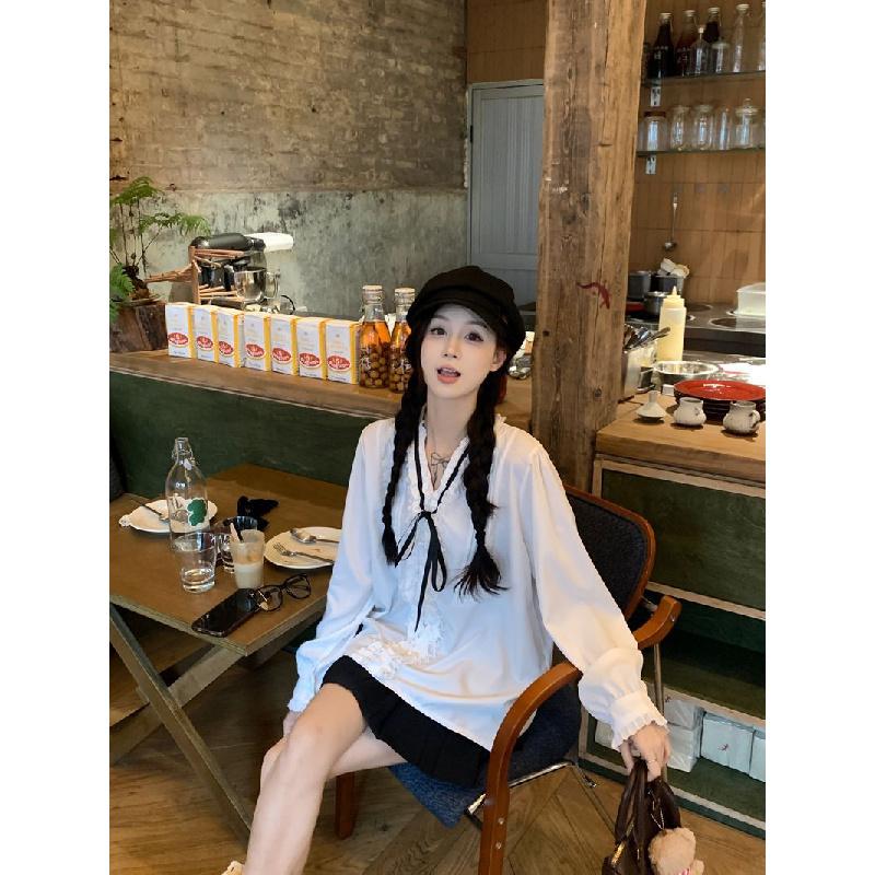 Retro V-neck tie bow blouse for women, spring and summer long-sleeve design with ruffled lace top