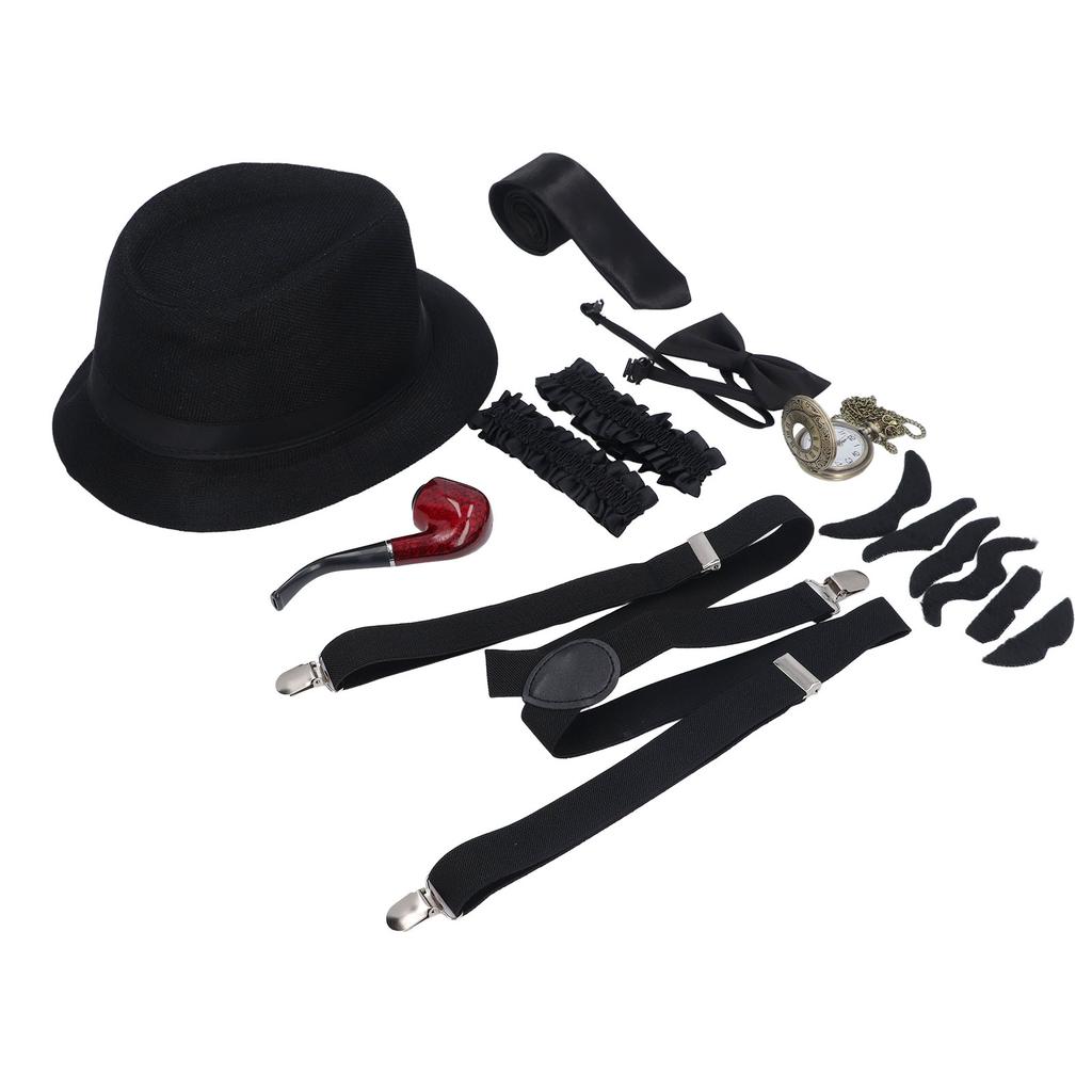 8 Pieces 1920s Grandpa Old Man Costumes Set with Suspenders Hat Watch Pipe Bow Tie Glasses Beard Kids 100 Days School