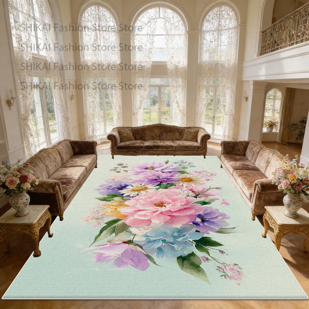 French Countryside Flower Style Living Room Rug Home Decoration Luxury Washable Soft Carpet Large Area Non-slip Fluffy Floor Mat