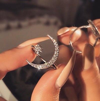 Men Women Marriage Love Adjustable Ring Crescent Moon & Star White Stone Opening Ring Jewelry