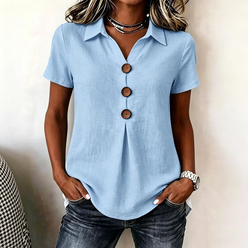 Women's Casual V Neck Button Front Shirt Short Sleeve Collared Blouse Lightweight Loose Fit Summer Top